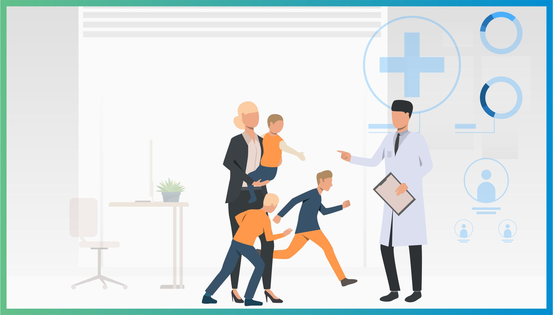 Animated doctor with three children highlighting hospital workflow and patient flow challenges