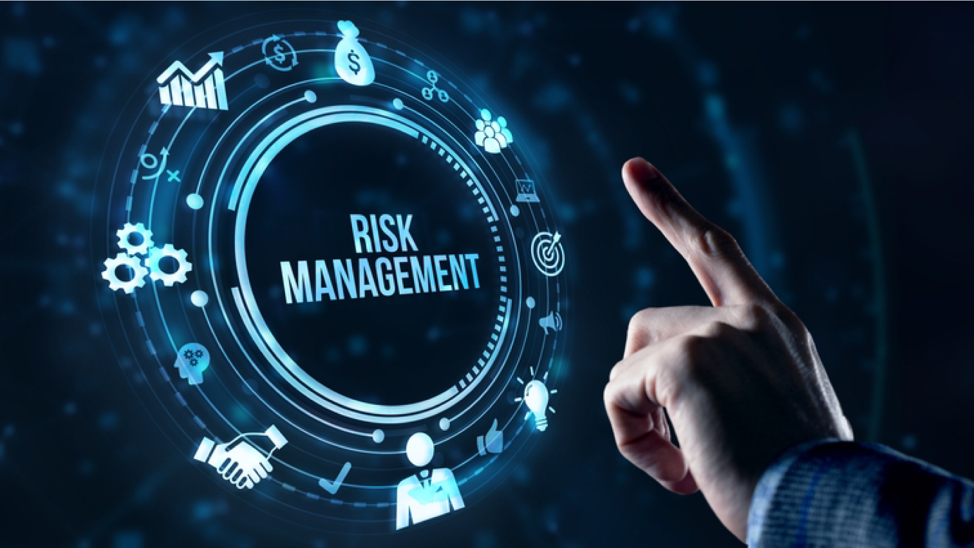 Risk management banner showing a professional assessing risk on screen