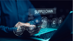 Digital graphic showing AI and internet icons integrated with supply chain systems