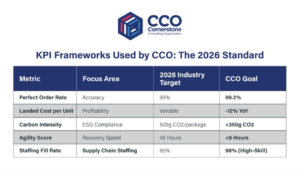 logistics strategy services KPI framework showing resilience index metrics for supply chain optimization and logistics network resilience